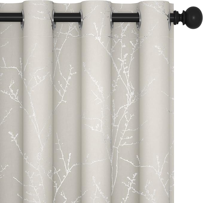 Deconovo Living Room Curtains, Room Darkening Curtain, Thermal Insulated Soundproof Drapes, Silver Branch Print, 52 x 72 Inch Long, Machine Washable Window Panels for Bedroom Office Nursery, Set of 2