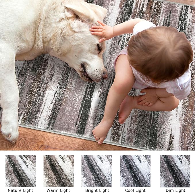 Lansny Modern Abstract Small Area Rug Indoor, Dark Light Brown White 3x5 Washable Rug Non-Slip Soft Entryway Rug Kitchen Mats Thin Print Faux Wool Floor Carpet Throw Rugs for Entrance Bedroom