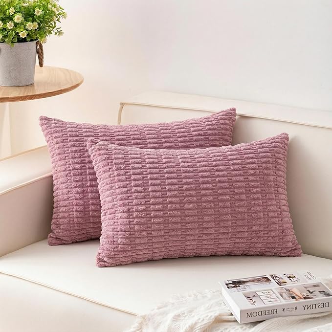 Pack of 2 Corduroy Decorative Throw Pillow Covers 12x24 Inch Soft Striped Pillow Covers Modern Farmhouse Home Decor for Sofa Living Room Couch Bed（Pink）