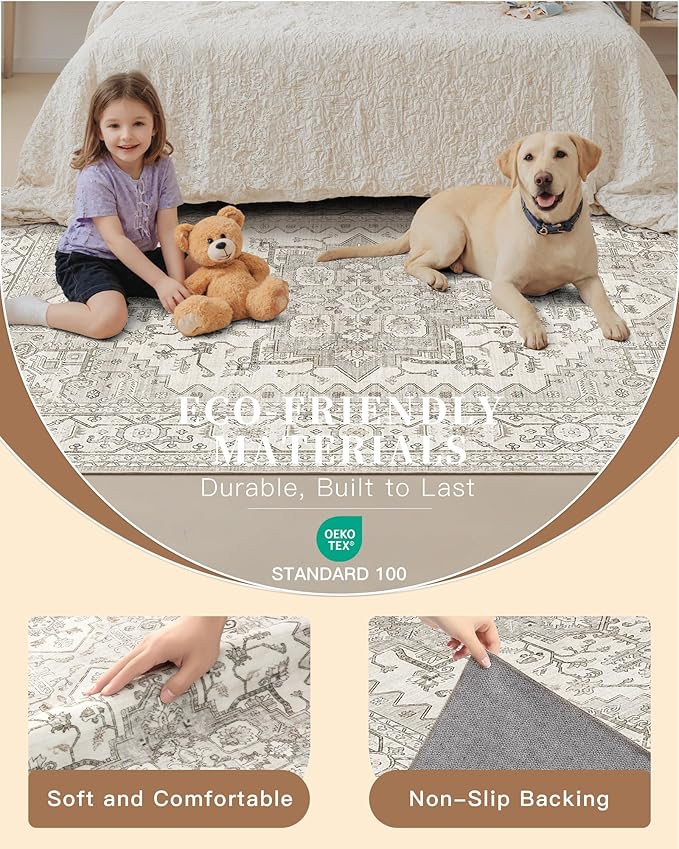 Madane Hallway Runner Rug 3x6 - Washable Kitchen Rugs Entryway Rug Runner Vintage Soft Floor Mat Non Slip Indoor Farmhouse Carpet for Bathroom Living Room Bedroom (3 X 6, Beige/Brown)