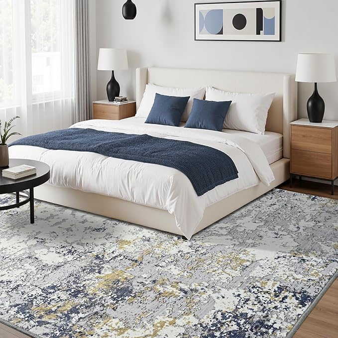 Toneed Abstract Area Rug Modern Washable Rug Soft Non Slip Rug Low Pile for Bedroom Living Room Dining Room Blue 6x9 Feet