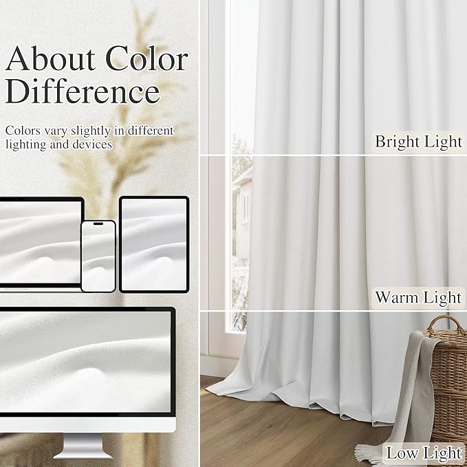 Guken White 100% Blackout Linen Curtains 52 Inch Wide by 88 Inch for Living Room Bedroom Back Tab/Rod Pocket Thermal Insulated Black Out Linen 2 Drapes Room Darkening Window Curtains