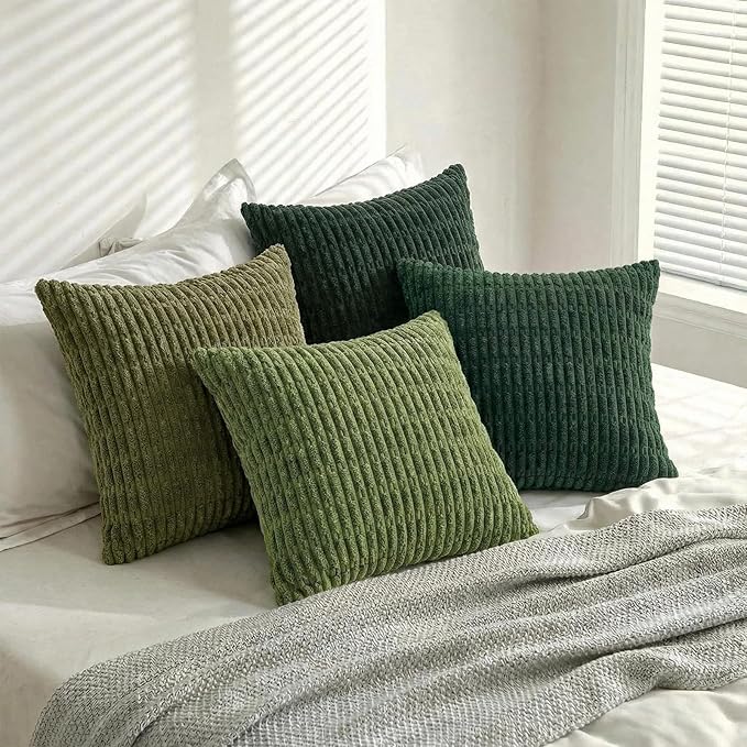 Fancy Homi Set of 4 Green Boho Winter Decorative Throw Pillow Covers 28x28 Inch for Couch Bed Sofa, Aesthetic Modern Bohemian Room Decor, Fuzzy Fluffy Cozy Corduroy Textured Cushion Case 71x71cm