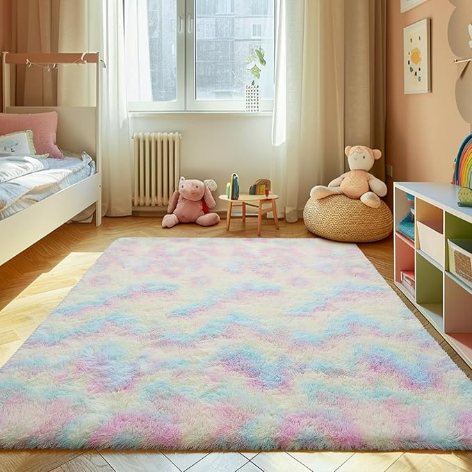 Shag Area Rug for Bedroom 4x6,Fluffy Area Rugs for Living Room,Soft Fuzzy Rug Non-Shedding Indoor Plush Carpet for Kids Bedroom Nursery Dorm Home Decor,Rainbow