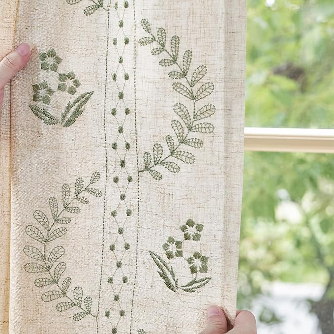 jinchan Belrose Linen Curtains for Bedroom Floral Curtains 90 Inch Length Linen Blend Sage Green Embroidered Drapes Farmhouse Flower Patterned Drapes for Living Room Window Treatments Set 2 Panels