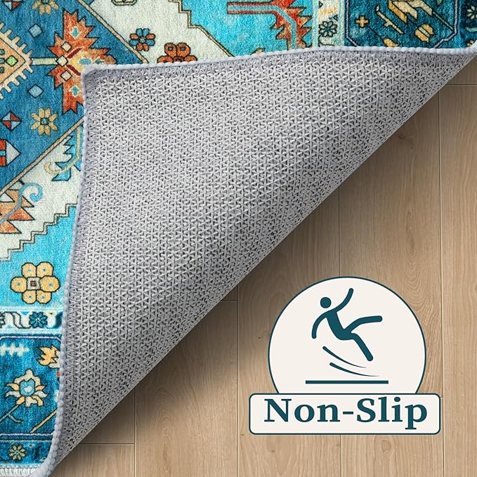 SERISSA Boho Round Area Rug, 6ft Washable Non-Slip Circle Rug, Ultra Soft Oriental Vintage Blue Low-Pile Circular Carpet for Bedroom Entryway Kids Room Office College Dorm Living Room