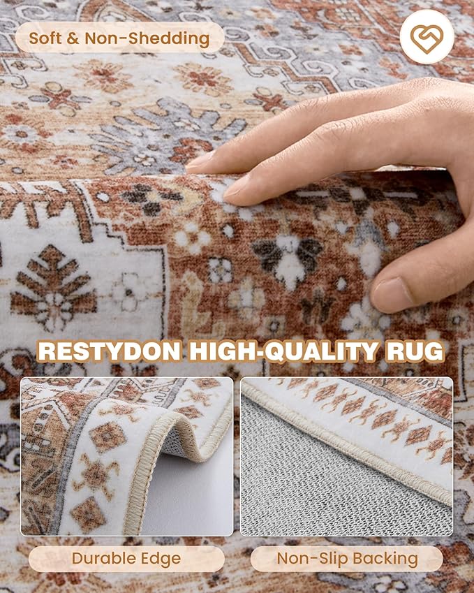 Area Rugs 5x7, Ultra-Thin Washable Rugs for Living Room, Anti-Slip Backing Area Rug for Bedroom, Soft Floral Vintage Home Decor Rug for Dining Room(Orange,5'x7')