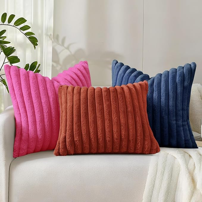 decorUhome Cozy Faux Fur Throw Pillow Covers 26x26 Set of 2 Decorative Soft Plush Striped Modern Farmhouse Boho Couch Euro Sham Pillow Cases with Velvet Back for Sofa Bed Living Room, Blue