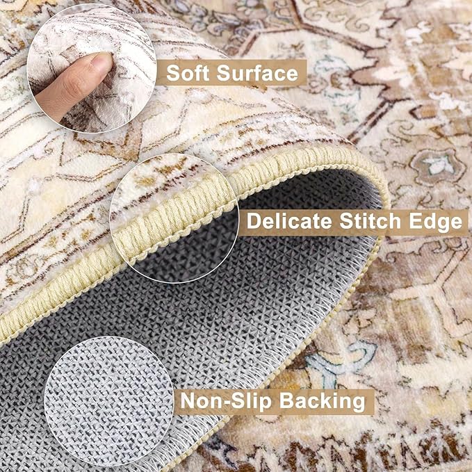 Yamaziot Area Rug 8x10, Non-Slip Washable Boho Vintage Living Room Bedroom Rug with Rubber Backing, Low Pile Faux Wool Soft Distressed Rug Floor Carpet for Living Room, Bedroom