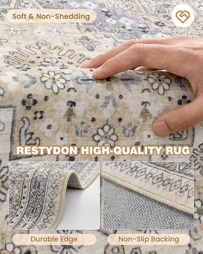 Carpet Runners for Hallway 12ft, Non-Slip Long Bathroom Rugs Runner for Kitchen, Living Room, Bedroom, Soft Vintage Washable Rug for Entryway, Thin Floor Mat for Dining Room(Beige,2.5'x12')