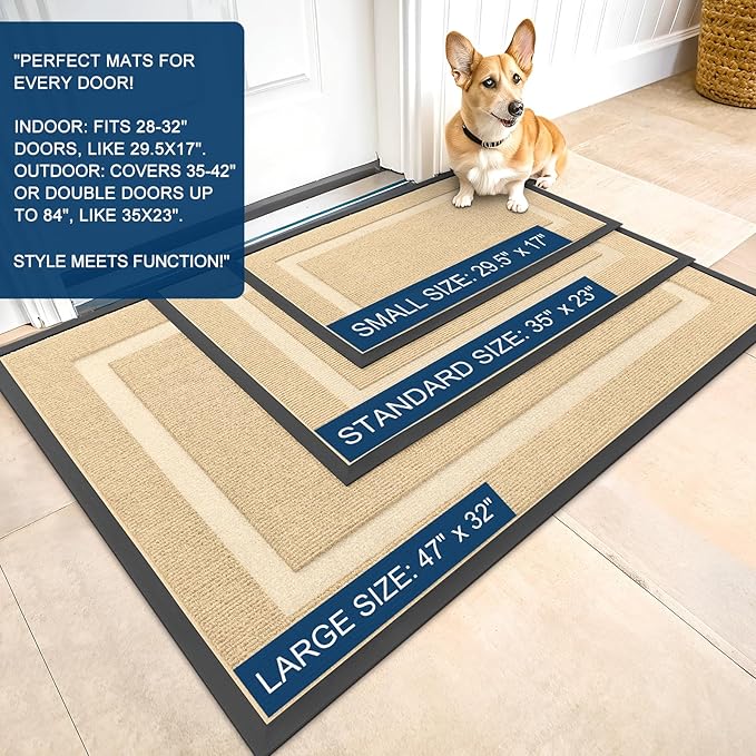 OLANLY Front Door Mat Indoor Outdoor Entrance, Waterproof All-Season, All-Weather Doormat, Sturdy Natural Rubber, Fade Resistant, Low Profile, Easy Clean Patio Porch Entryway Mat, 47x32, Beige