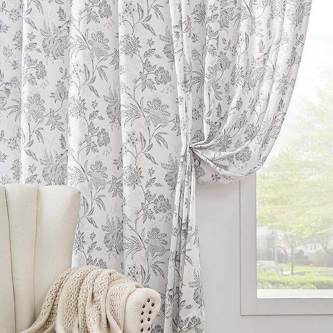 jinchan Linen Floral Curtains for Living Room, 96 Inch Length Curtains with Printed Flower Light Filtering Curtain, Rod Pocket Back Tab Gray Window Curtain Set 2 Panels Light Grey on White
