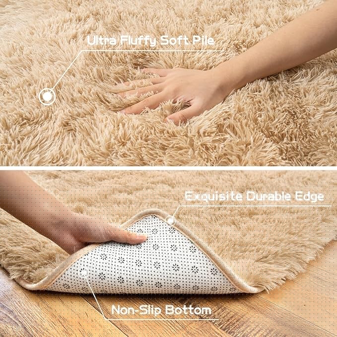 Pionblank 8x10 Rug for Living Room, Fuzzy Plush Large Area Rug, Fluffy Modern Shag Non Slip Soft Furry Carpet for Bedroom Kids Room Nursery Teens Dorm Home Decor, Camel