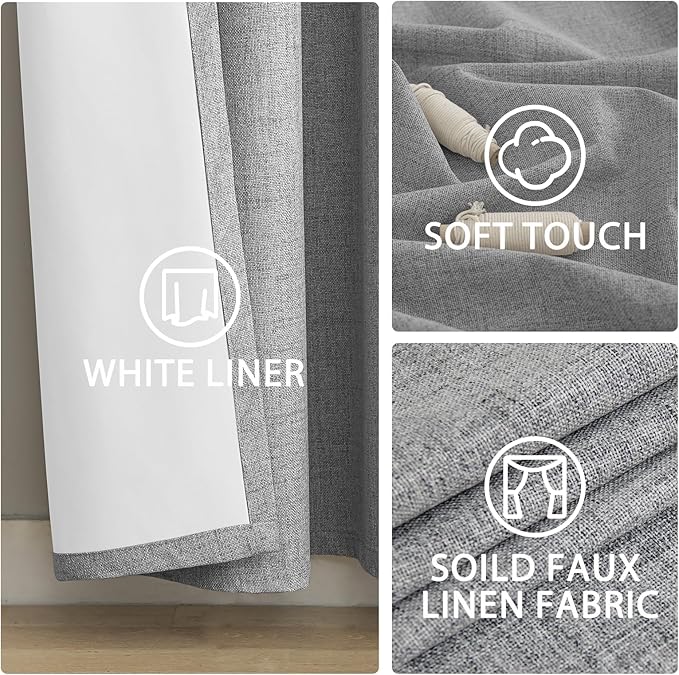 Yakamok Dove Grey Linen Curtains 100% Blackout 90 Inches Long,Room Darkening Textured Curtains for Living Room Thermal Grommet Bedroom Curtain 2 Panels with Greyish White Liner