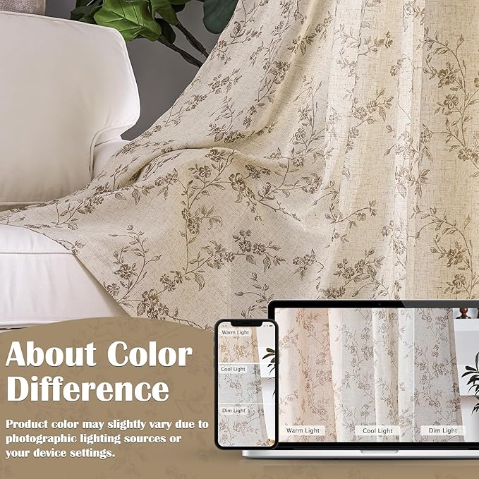 Lazzzy Taupe Floral Linen Curtains 84 Inch Farmhouse Curtain Back Tab Drapes for Living Room Bedroom Light Filtering Vintage Rod Pocket Curtains for Home, 2 Panels, Taupe on Beige