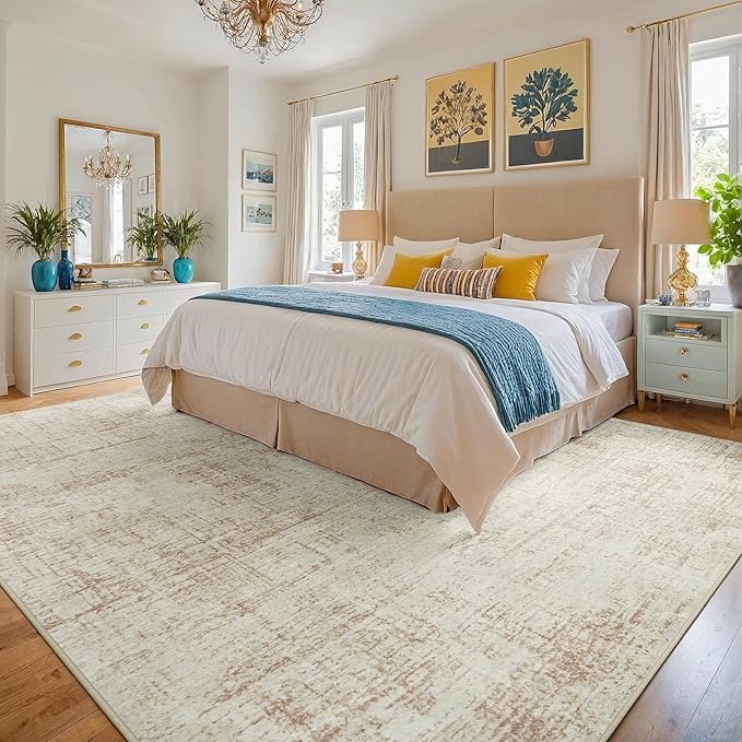 9x12 Area Rugs for Living Room Washable Rug: Anti-Skid Abstract Modern Living Room Rug Soft Thin Carpets Indoor Floor Non-Shedding Carpet for Bedroom Dining Farmhouse Nursery Home Office Beige White