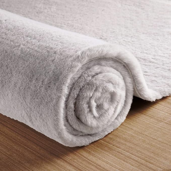 ORINOVA Grey Fluffy Rug Runners for Hallways Rabbit Fur Rugs for Living Room Washable Carpet Faux Sheepskin Rug Teen Room Nursery Decor Rectangle 2x6 Area Rug