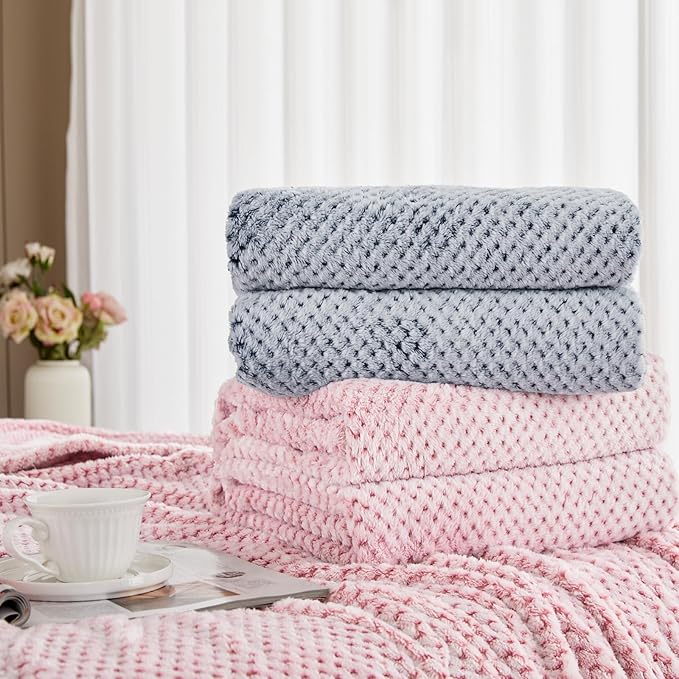 Exclusivo Mezcla Fleece Bed Blanket Queen Size, Super Soft and Warm Blankets for Couch, Sofa and Bed Waffle Textured, Cozy, Fuzzy and Lightweight (Heather Dusty Pink, 90x90 Inches)