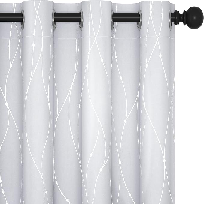 Deconovo Greyish White Curtains, Light Darkening Curtain, Thermal Insulated Noise Reducing Drapes, Silver Print, 52 x 95 Inch Long, Grommet Window Panels for Living Room Bedroom Patio Door, Set of 2