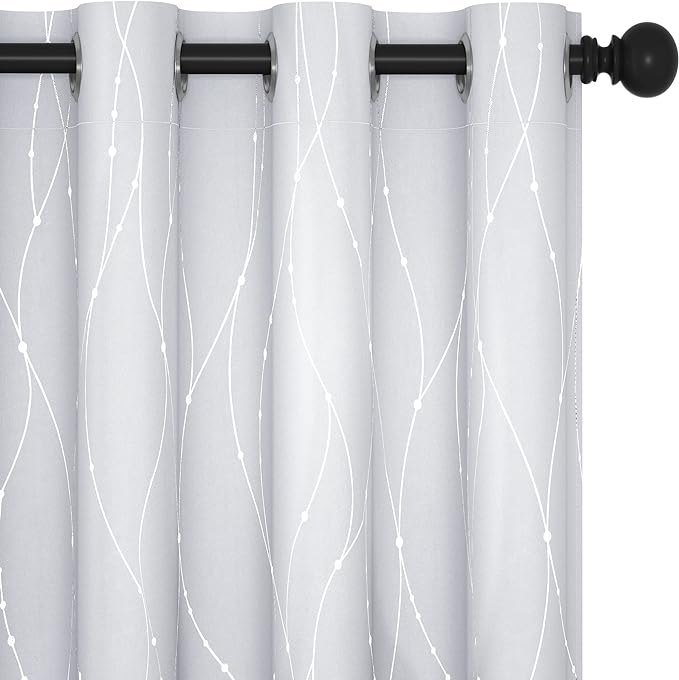 Deconovo Kitchen Curtains, Room Darkening Drapes, Thermal Insulated Soundproof Grommet Drape, Silver Wave Dots Print, 52 x 45 Inch, Machine Washable Window Panels for Small Windows Nursery, Set of 2