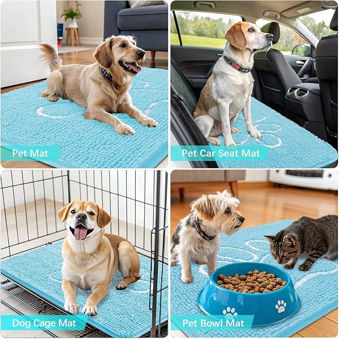 OLANLY Dog Door Mat for Muddy Paws 59x35, Paw Print Design, Absorbs Moisture and Dirt, Absorbent Non-Slip Washable Doormat, Quick Dry Chenille Mud Mat for Dogs, Entry Indoor Entryway Carpet, Blue