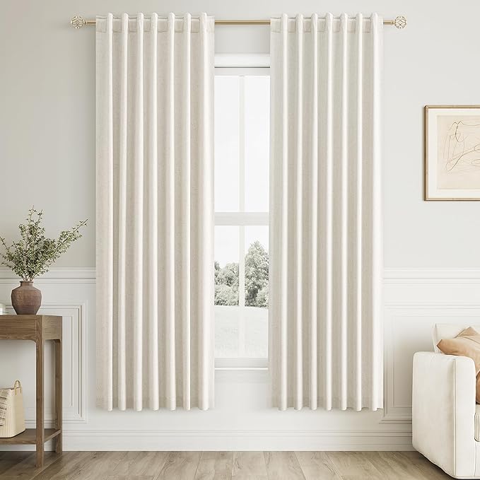 Guken Cream 100% Blackout Linen Curtains 72 Inch Length 2 Panels Set for Living Room Bedroom Back Tab Thermal Insulated Black Out Drapes Room Darkening Farmhosue Window Curtains,52x72