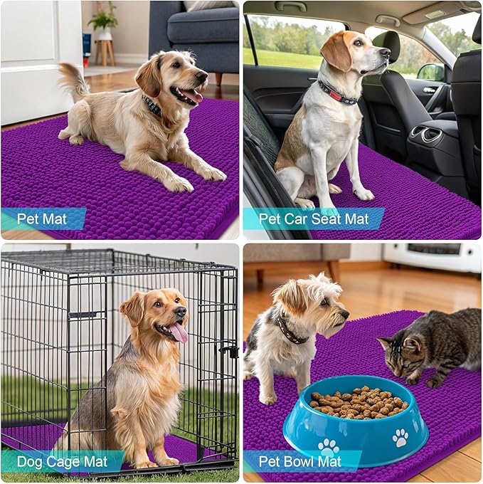 OLANLY Dog Door Mat for Muddy Paws 44x24, Absorbs Moisture and Dirt, Absorbent Non-Slip Washable Doormat, Quick Dry Chenille Mud Mat for Dogs, Entry Indoor Entryway Carpet for Inside Floor, Purple