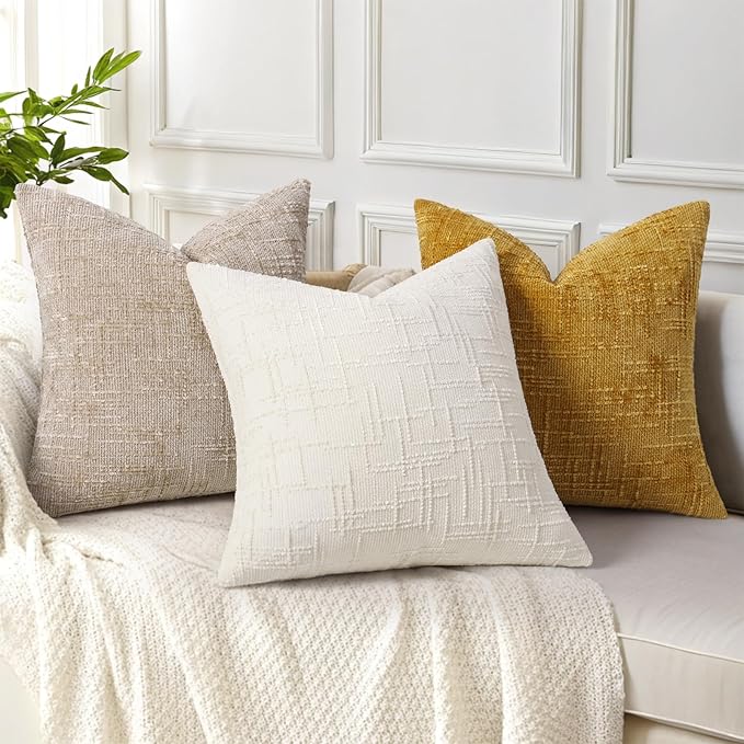 decorUhome Summer Cream White Chenille Throw Pillow Covers 16x16 Set of 2 Textured Soft Cozy Slubby Couch Pillow Covers Modern Farmhouse Boho Decorative Pillow Cases for Bed Sofa Living Room