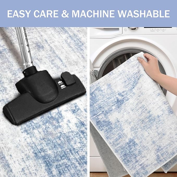 IOHOUZE Abstract Runner Rug 3x16 Ft Washable Runners for Hallways, Non Slip Kitchen Runner Printed Faux Wool Entryway Runner Indoor, Modern Abstract Floor Carpet for Hall Stair, Light Blue Grey