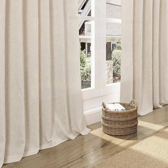Nanspring Modern Farmhouse Decor Curtains 96 Inches Long for Living Room Linen Birch Beige Luxury Light Filtering Semi Sheer Curtain Back Tab Coastal Drapes for Bedroom Office 52x96, 2 Panels