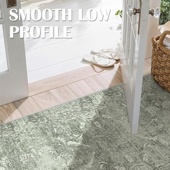 2x5 Washable Hallway Runner Rug - Non Slip Kitchen Runner Rugs with Rubber Backing Vintage Low-Pile Carpet Runners for Entryway Dining Room Laundry Room Home Decor (Muted Sage Green)