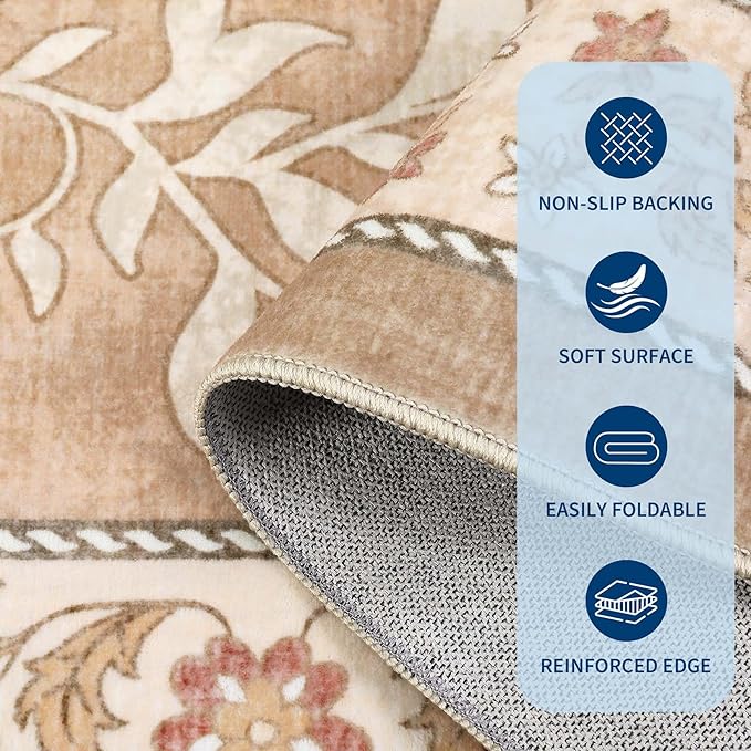 GarveeHome Pinkish Brown Botanical Grove 4ft Round Rug, Small Circle Vintage Cottagecore Soft Low-Pile Non-Slip Washable Rugs for Living Room Bedroom Nursery Kitchen Retro Carpet