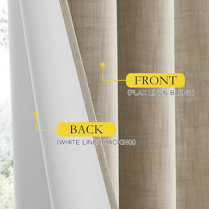 NICETOWN Taupe 100% Blackout Linen Curtains 90 inch Long Burg, Farmhouse Thick Completely Blackout Window Treatment Panels Thermal Insulated Drapes for Living Room (1 Pair, 52" Width Each Panel)