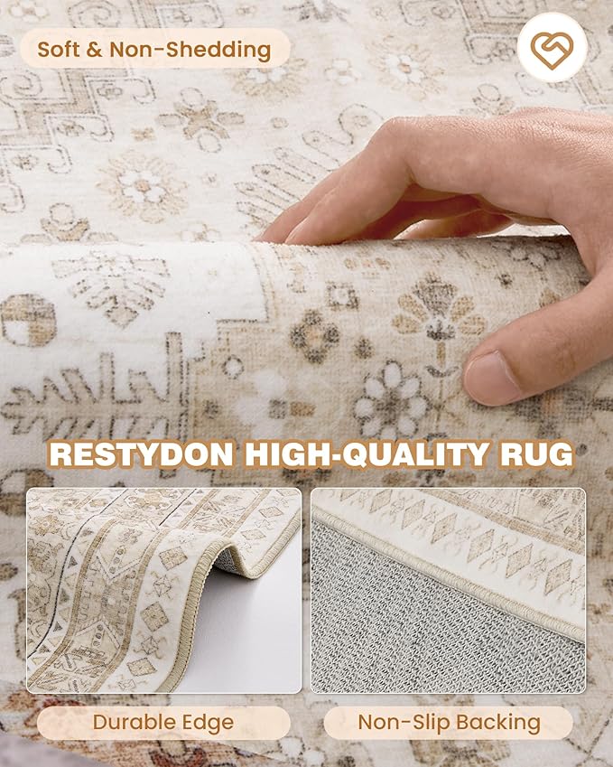 Runner Rug 2x10, Ultra-Thin Kitchen Rugs Non Slip Washable Rugs for Entryway Rug, Kitchen Runner Low Pile Vintage Soft Carpets for Living Room, Bathroom Bedroom (Cream/Beige,2'x10')