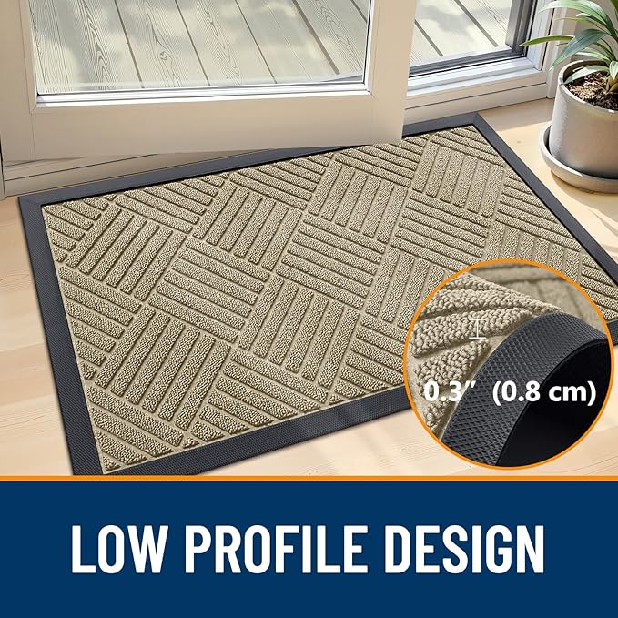 OLANLY Front Door Mat Outside Entrance 35x23, Absorbent, Heavy Duty Sturdy Natural Rubber Doormat Indoor Outdoor, Stain and Fade Resistant, Non-Slip Low Profile Floor Mat for Entryway, Beige Diamond