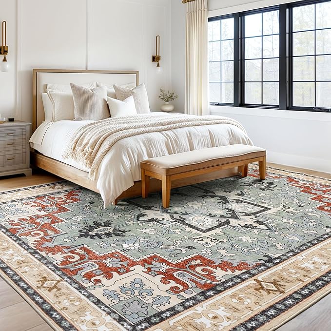 Lofus 6x9 Area Rugs for Living Room, Floral Washable Area Rug for Bedroom, Office, Dining Room, Non-Slip Vintage Boho Rug, Low-Pile Soft Carpet, Traditional Oriental Style, Beige Orange