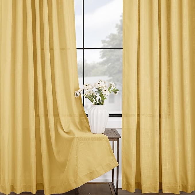Gold Curtains for Living Room Back Tab Modern Farmhouse Semi Sheer Curtains 108 inches Long 2 Panels Set Muted Neutral Window Curtain for Dining Room Bedroom 52x108