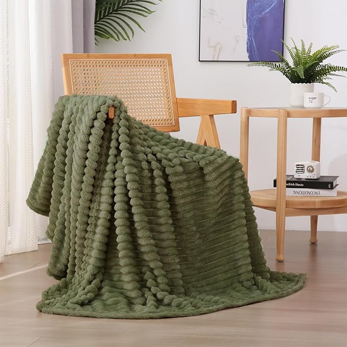 Olive Green Fleece Throw Blanket 60”×80” for Couch Sofa Bed,Super Soft Cozy Plush Microfiber Flannel Blanket with Stripes Design Lightweight for Adults,Woman,Girls
