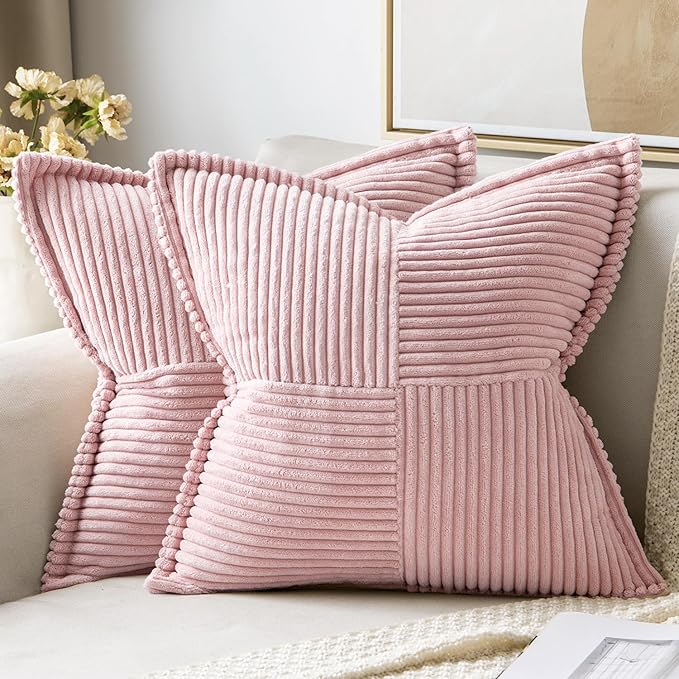 MIULEE Spring Decorative Throw Pillow Covers for Couch Bed Livingroom 16x16 Inch Set of 2 Pink Boho Accent Throw Pllows Broadside Striped Patchwork Soft Corduroy Pillowcases Valentine Decor