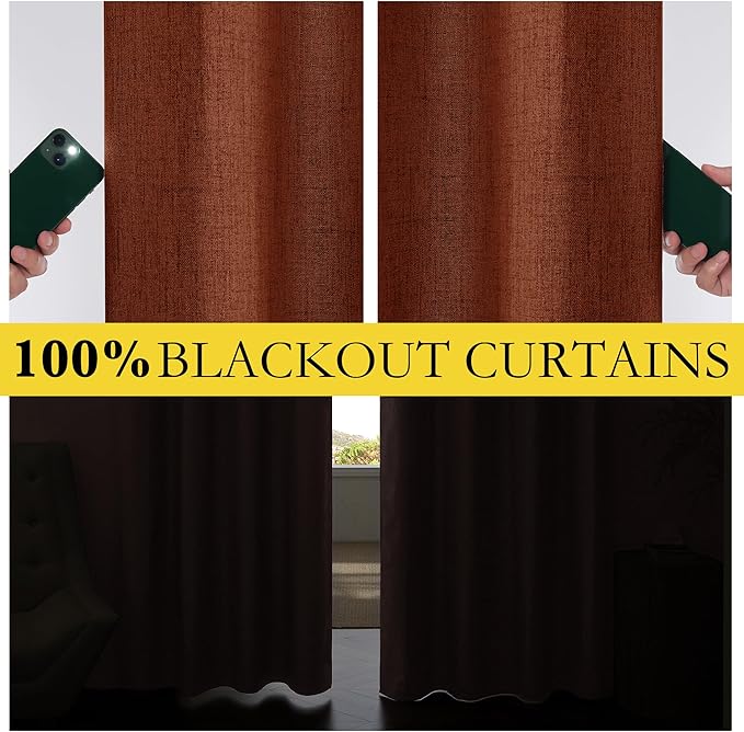 NICETOWN 100% Absolutely Blackout Linen Curtains with Thermal Insulated Liner, 42" Wide, 2 Panels, 90" Long Drapes, Grommet Retro Burnt Orange Linen Curtains Vertical Drapes Privacy for Bedroom