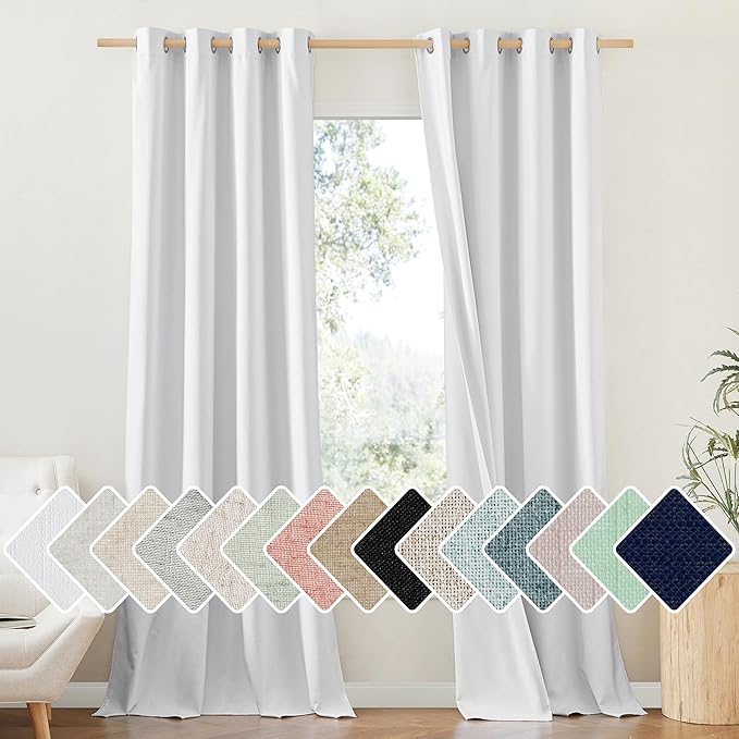 NICETOWN 100% Absolutely Blackout Linen Curtains with Thermal Insulated White Liner, White, 52 inches Wide, 108 inches Length Energy Saving Curtains for Living Room 2 Panels Set, Vertical Blinds
