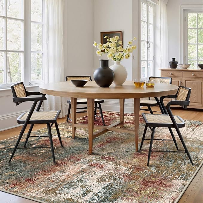 Washable Area Rugs Square 8ft Non-Slip Modern Abstract Soft for Living Room Entryway Bedroom Nursery, Print Pattern, Brown Rust Red Green Blue Multi