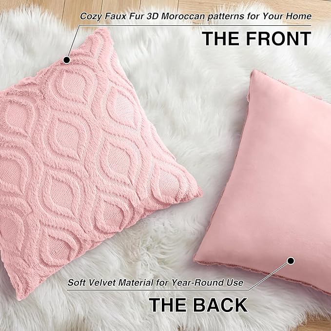 decorUhome Throw Pillow Covers 22x22 Inch Set of 2, Soft Plush Faux Wool Pink Solid Couch Pillow Covers, Accent Euro Sham Farmhouse Neutral Square Pillow Cases for Sofa Bed Living Room