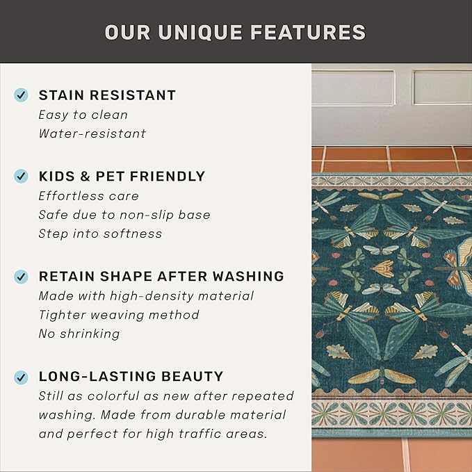 Hazo Haus 9x12 Large Living Room Rug - Dark Teal Multi Dining Room Rugs for Under Table, Bedroom, Kids Room, Classroom, Insect Butterfly Floral Décor, Lightweight Non Slip Low Pile