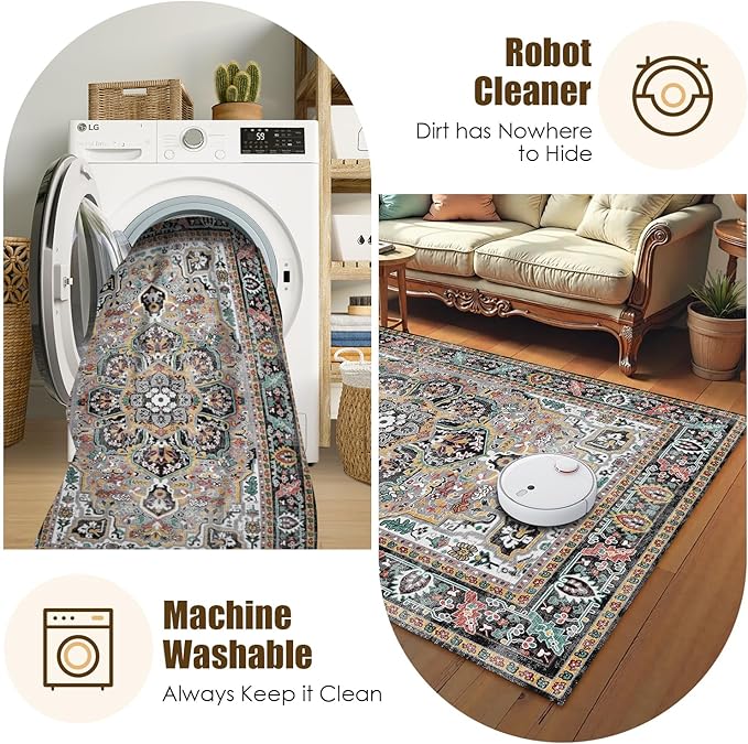 Washable Area Rug 4' x 6' Vintage Traditional Persian Mat - Foldable Distressed Non-Slip Machine Washable Carpet for Living Room Bedroom Kitchen Home Decor - Slate and Multicolor