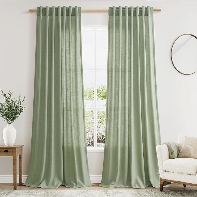 Extra Long Light Sage Linen Curtains 120 Inch for Living Room 2 Panels Set Rod Pocket Back Tab Soft Linen Window Drapes Semi Sheer Light Filtering Privacy High Ceiling Drapes for Farmhouse 52x120