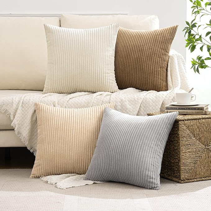 MIULEE Boho Farmhouse Throw Pillow Covers 18x18 Inch Set of 4 Neutral Rustic Decorative Cushion Covers Soft Corduroy Nordic Home Decor for Couch Bed Sofa Living Room