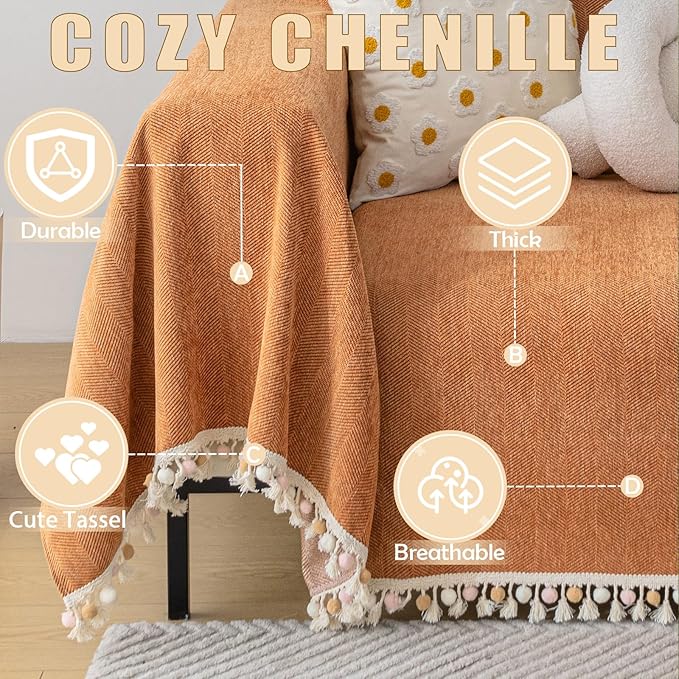 HANDONTIME Dark Orange Sofa Covers Couch Cover for Dogs Colorful Tassel Lovetseat Covers Pet Couch Cover Bohemian Sofa Cover for Couch Vintage Boho Couch Covers Futon Cover Pet-Friendly, 71" X118"