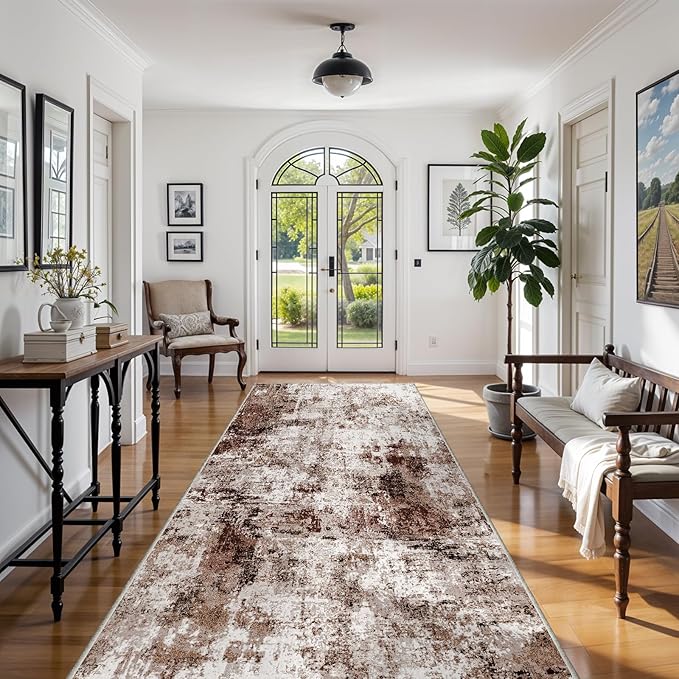 4x8 Wide Washable Runner Rug: Easy-to-Clean Runners for Hallway Entryway Kitchen Bedroom Living Room - Stain and Water Resistant Rugs with Non-Slip Backing - Soft Low-Pile Carpet Brown Khaki White