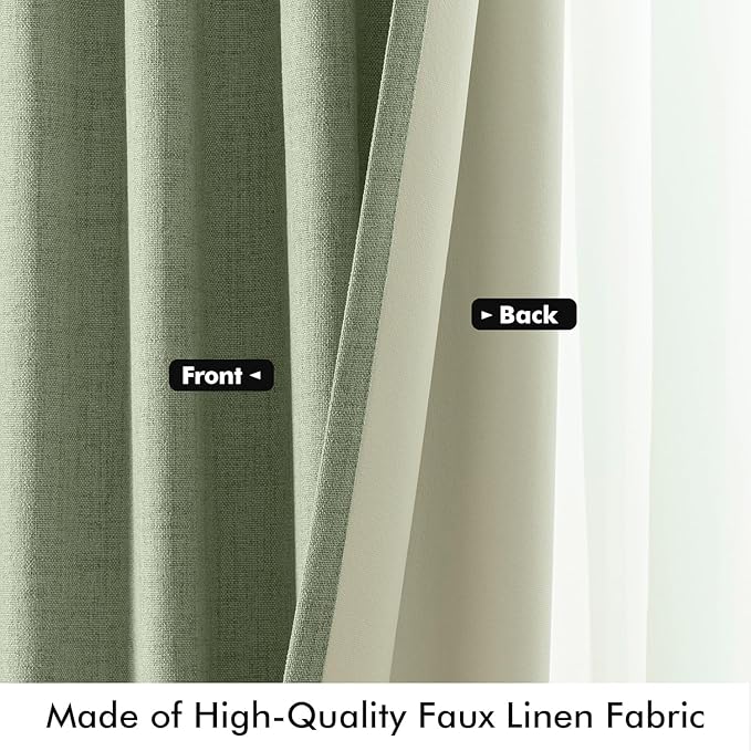 MIULEE 100% Blackout Linen Curtains for Bedroom, Sage Green Solid Luxury Decor Thermal Insulation Room Darkening Drapes for Living Room Nursery Back Tab Rod Pocket 42 x 63 Inches, 2 Panels